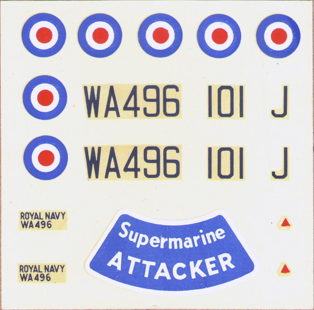 FROG 330P Vickers-Supermarine Attacker Naval Jet Fighter, ima ltd, Lines Bros. Group, 1957, decal sheet